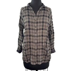 POETRY Black Brown Shirt Wool Plaid Collared Raglan Sleeve Button-Up Sz 10 FLAW
